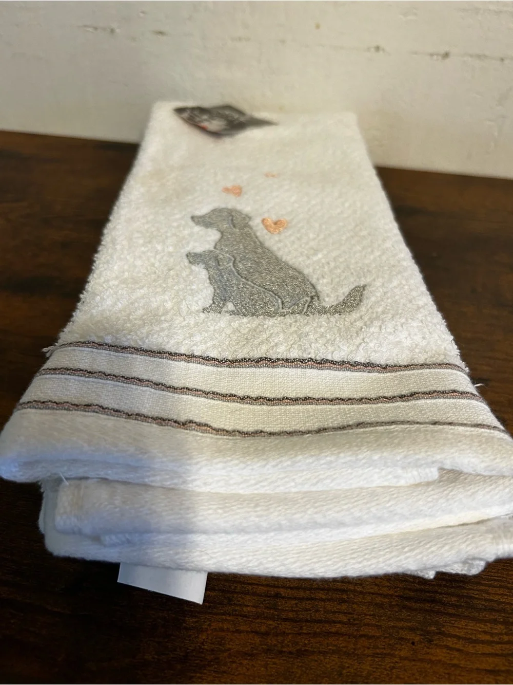 White Hand Towel with Gray Dog and Peach Hearts